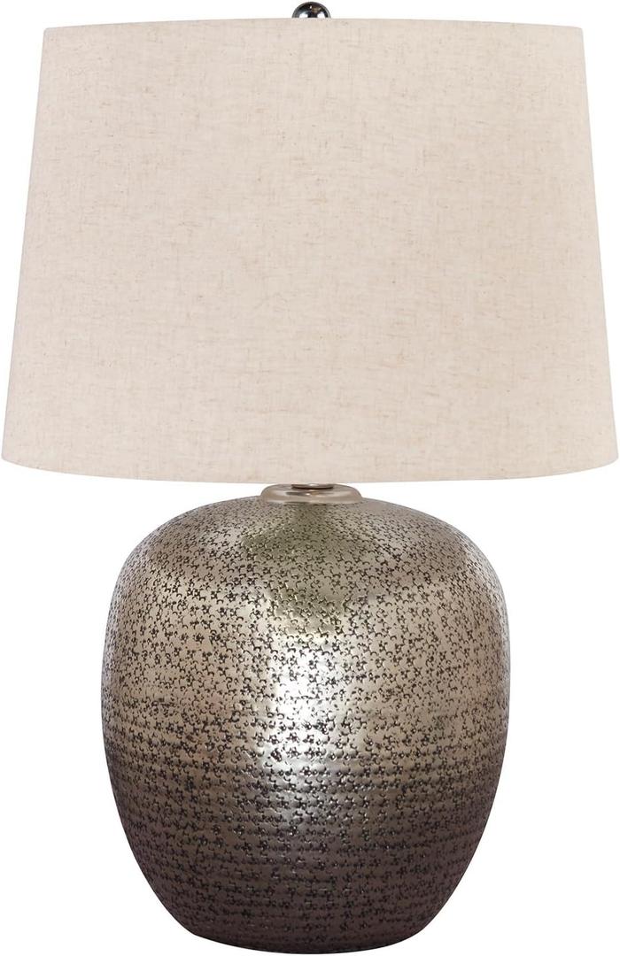 Signature Design by Ashley Magalie Contemporary UL Listed Table Lamp with Modified Drum Shade, 3-Way Switch, Hammered Aluminum, 23.13" High, Antique Silver