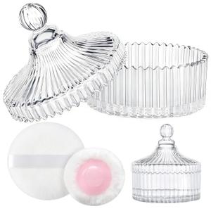LAKIRA Large Body Powder Puff and Container, 2 Large Powder Puffs, Crystal Powder Container with 3.93" Puff for Baby Women, Dusting Powder Container with Puffs for Women, Bath, Home Use (4″ Pure)