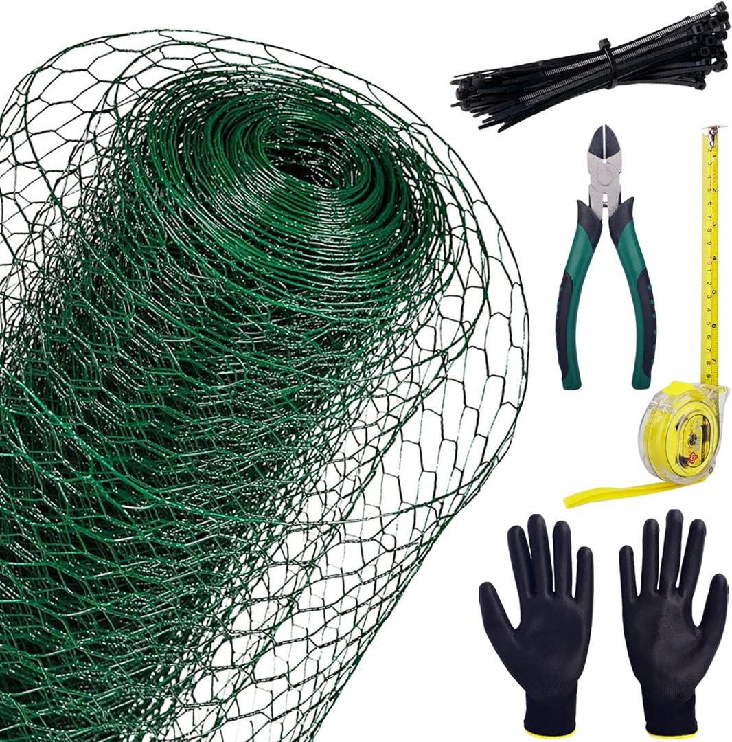 Chicken Wire,16in×40ft Green Chicken Wire Fencing,20 Gauge Chicken Wire Mesh with 1" Fine Mesh,PVC Coated Chicken Wire Fence with 100pcs Zip Ties,Floral Chicken Wire for Garden Fence