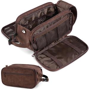 PAVILIA Large Toiletry Bag for Men Women, Mens Travel Bag Toiletries Organizer Case for Grooming, Travel Essentials Shaving Dopp Kit, PU Leather Water Resistant Cosmetic Pouch, Dark Brown (Extra Large (12.5x6x7))