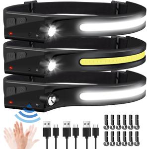 Headlamp Flashlight, 3Pack Rechargeable LED Headlamps 1200Lumens 2 COB 230Wide Beam Headlight with Motion Sensor Bright 5 Modes Lightweight Waterproof Head Lamp for Outdoor Running, Camping Hiking (Mysterious Black)