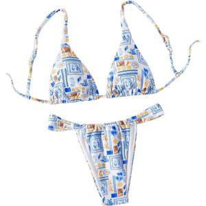 Women's 2 Piece Bathing Suit Graphic Boho Triangle Swimsuits Thong Cheeky Floral Bikini Set (Blue and White)
