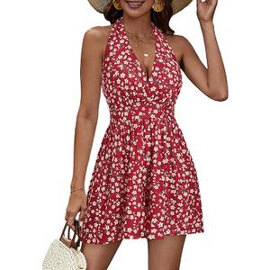 HUHOT Rompers for Women Casual Halter V Neck Backless Summer Sexy Beach Dressy 2026 Short Romper Dresses with Pockets XL