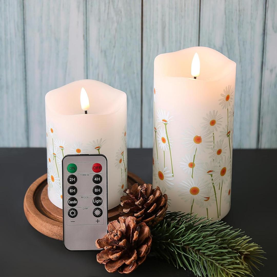 Eywamage White Floral Flameless Pillar Candles with Remote, Flickering Spring Daisy Battery LED Candles Set of 2