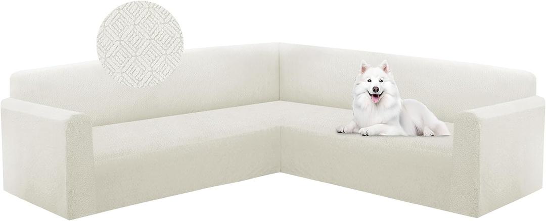 HDCAXKJ Corner Sectional Couch Cover Stretch L Shape Sofa Cover Thick Jacquard Sofa Slipcover Non Slip U Shaped Couch Cover for Sectional Sofa Pets Living Room Furniture Protector (Ivory, Large)
