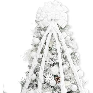 Christmas Tree Topper Bow53x13 Inches Large Christmas Bow with Glitter Streamer and Patterned RibbonDecorative Bows for Xmas Tree Wreath Door Festival Home Decor(White)
