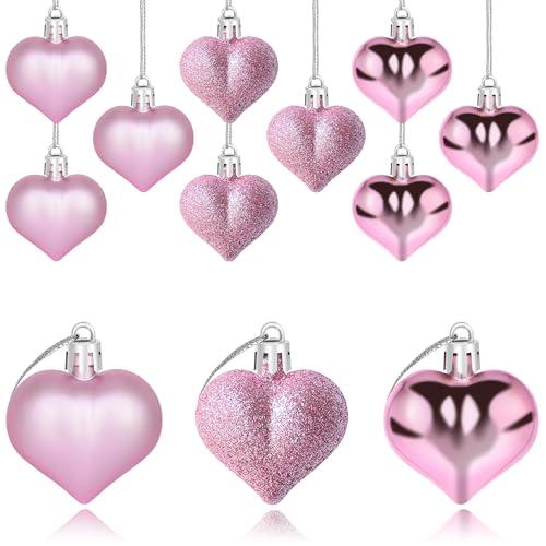 Yuronam 12 PCS Heart Ornaments 3 Different Finishes Heart Shaped Hanging Ornaments for Valentine’s Day Wedding Christmas Tree Mother's Day Anniversary Party Decoration (Pink)