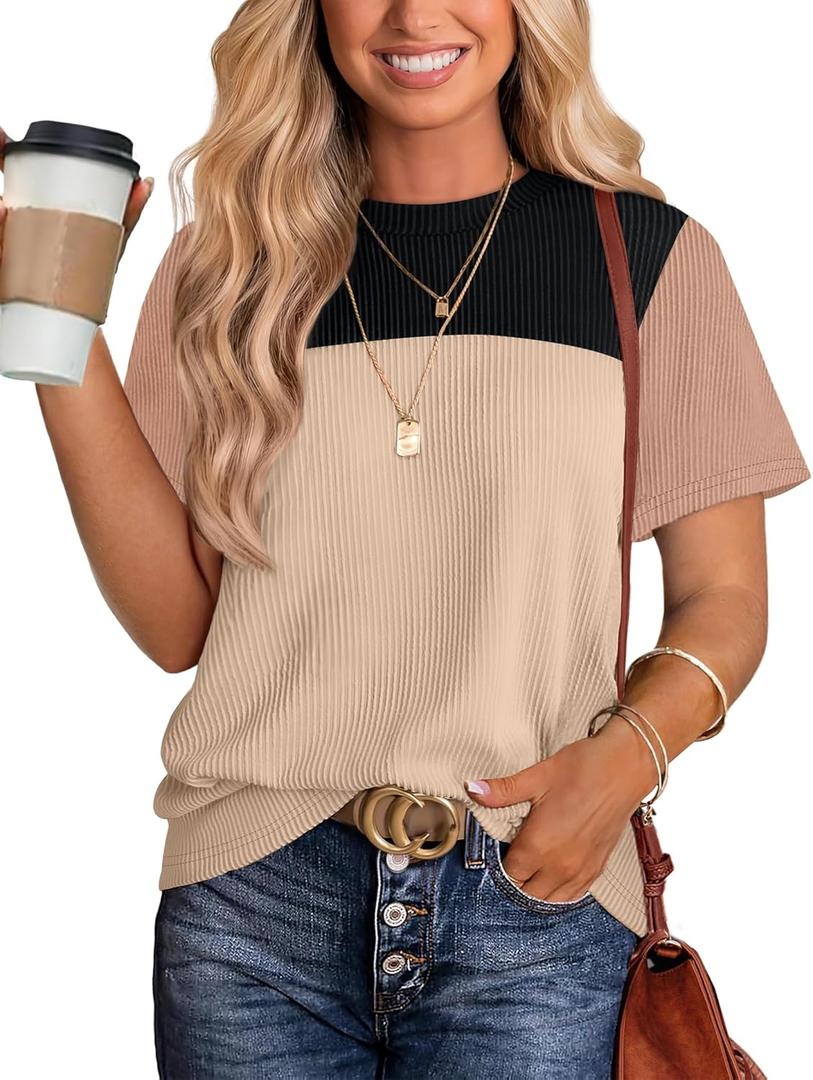 WIHOLL Womens Fashion 2026 Color Block Shirts Short Sleeve Crewneck Knitted Spring Summer Tops Casual Trendy (Beige, XXL)