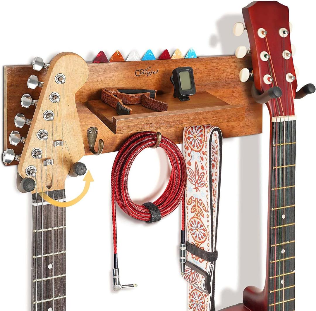 SNIGJAT Guitar Wall Mount with Rotatable Hook, Wood Guitar Hanger with Shelf and Pick Holder, Wall Stand Rack for Acoustic, Electric, Bass