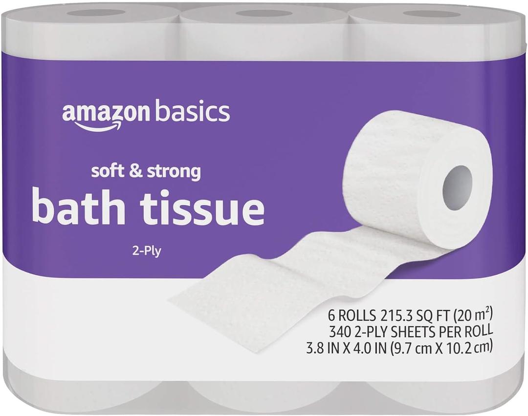 Amazon Basics Soft and Strong 2-Ply Toilet Paper, 6 Ultra Rolls = 24 Regular Rolls, Unscented, 340 Sheet (6 Rolls)