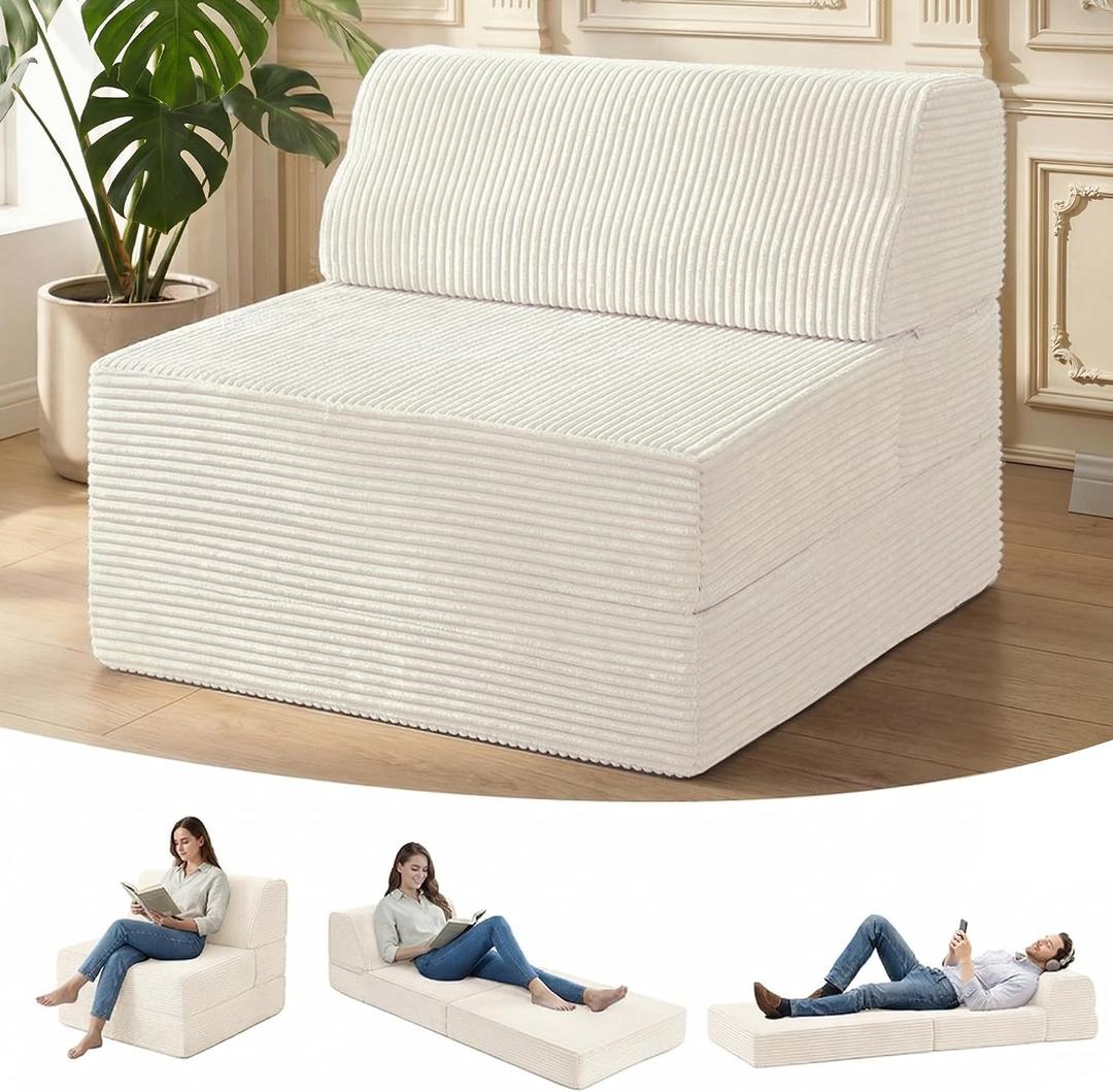 Kasunpul Folding Sofa Bed with Pillow, Memory Foam Fold Out Chair Bed, Convertible Sleeper Chair with Washable Cover, Futon Floor Couch for Living Room/Dorm/Guest Use/Home Office/Apartment, Beige