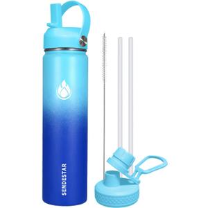 SENDESTAR Stainless Steel Wide Mouth Water Bottle 24oz Double Wall Vacuum Insulated Leak Proof Bottle with New Flex Straw Lid & Spout Lid XIN-MC-0750-1