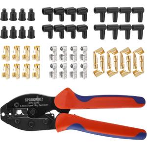 Ratchet Spark Plug Wire Crimping Tool Kit, 24PCS 180 Degree/90 Degree/Straight Spark Plug Coil Terminals & 24PCS Boots, Ratcheting Wire Crimper Diameter 8.5-8m