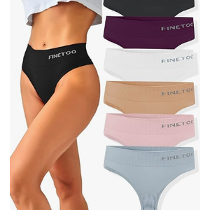 FINETOO 6 Pack High Waisted Thongs for Women, Nylon Spandex Panties Breathable Soft Stretchy Underwear High Rise, XL