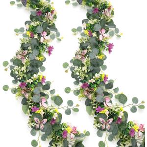 2 Pack 5.68 FT Artificial Daisy Garland with 3D Butterfly, Hanging Fake Flowers Greenery Eucalyptus Garland Floral Vines for Wedding Table Home Room Sping Summer Decor, 2pcs