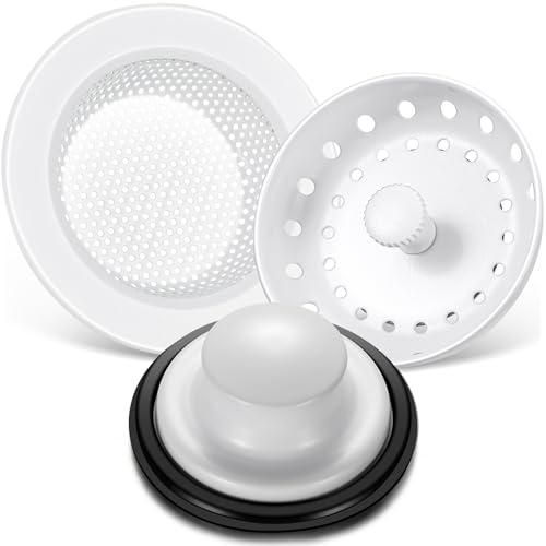 Mudder 3 Pcs Kitchen Sink Drain Strainer and Stopper Stainless Steel Garbage Disposal Plug with Handle Universal Anti-Clogging Kitchen Sink Filter Sieve Basket Strainer(Porcelain White)