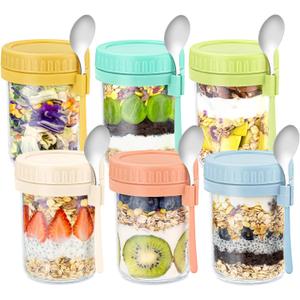 DRKIO 6 Pack Overnight Oats Containers with Lids and Spoons 16 Oz Glass Mason Jars for Overnight Oats Leak Proof Oatmeal Container Great for Cereal Fruit Vegetable Milk Salad Yogurt Meal Prep