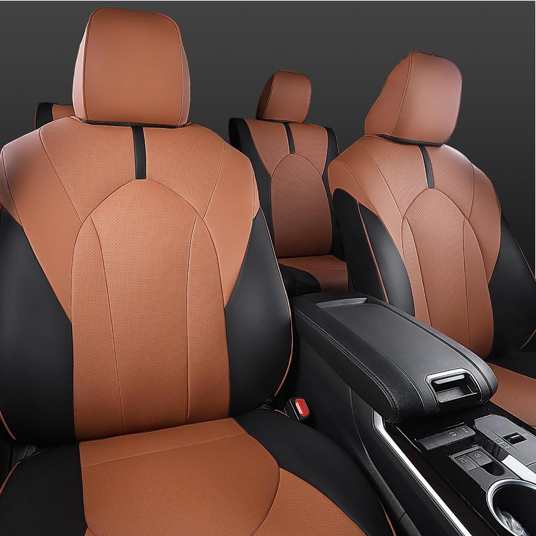 Xipoo Seat Cover Compatible with 2020-2025 Toyota Highlander 7 Seats Car Seat Cover Replacement for 2020-2025 Toyota Highlander Accessories (Fit 2020-2025 W/Second Row Captain Chair, Black+Brown)