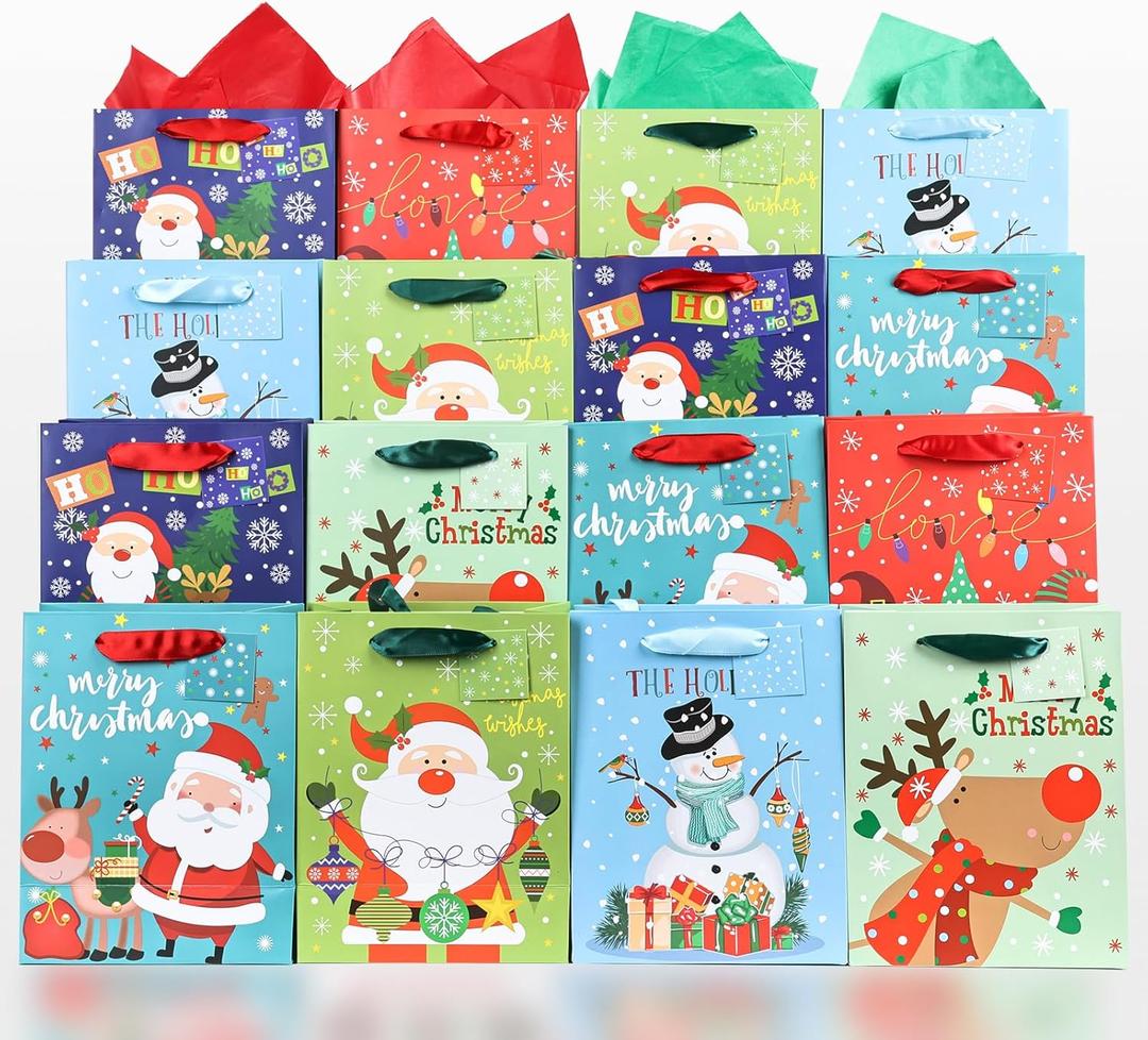 BEAVOING 24 Pack Christmas Gift Bags with Handles9x7x3.9 inch Christmas Treat Bags With Tissue Papers, Small Goody Bag For Xmas Presents Winter Holiday Party Favors