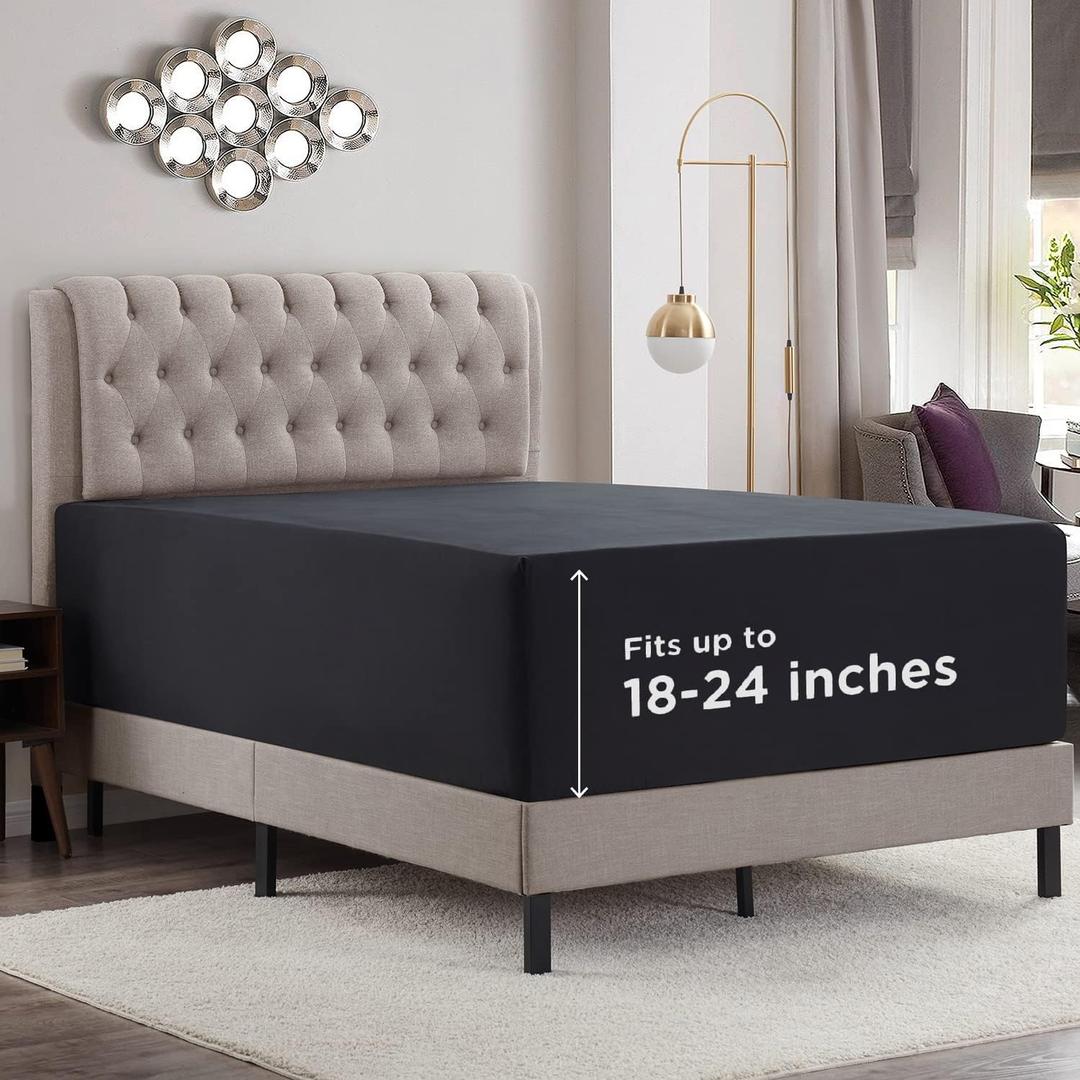 Empyrean Black Extra Deep Pocket Fitted Sheet Queen, Hotel Luxury Queen Fitted Sheet Only Easily Fits 18 to 24 Inch Mattress, Super Soft, Wrinkle-Free, and Breathable Bottom Sheets with Corner Straps