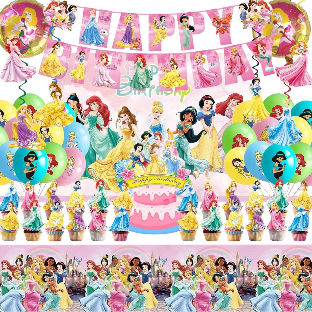 62PCS Disne Princess Party Supplies, Birthday Decorations Set Include Banner, Balloons, Backdrop, Cupcake Toppers, Tablecloth, Hanging Swirls for Kids Princess Theme Birthday Party