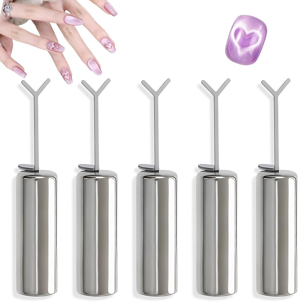 Heart Magnet for Cat Eye Gel Polish, 5 Pack Cat Eye Magnet for Nails, DIY Manicure Kit with Y-Shaped Guide Sticks, Professional Nail Magnet for Home and Salon Use