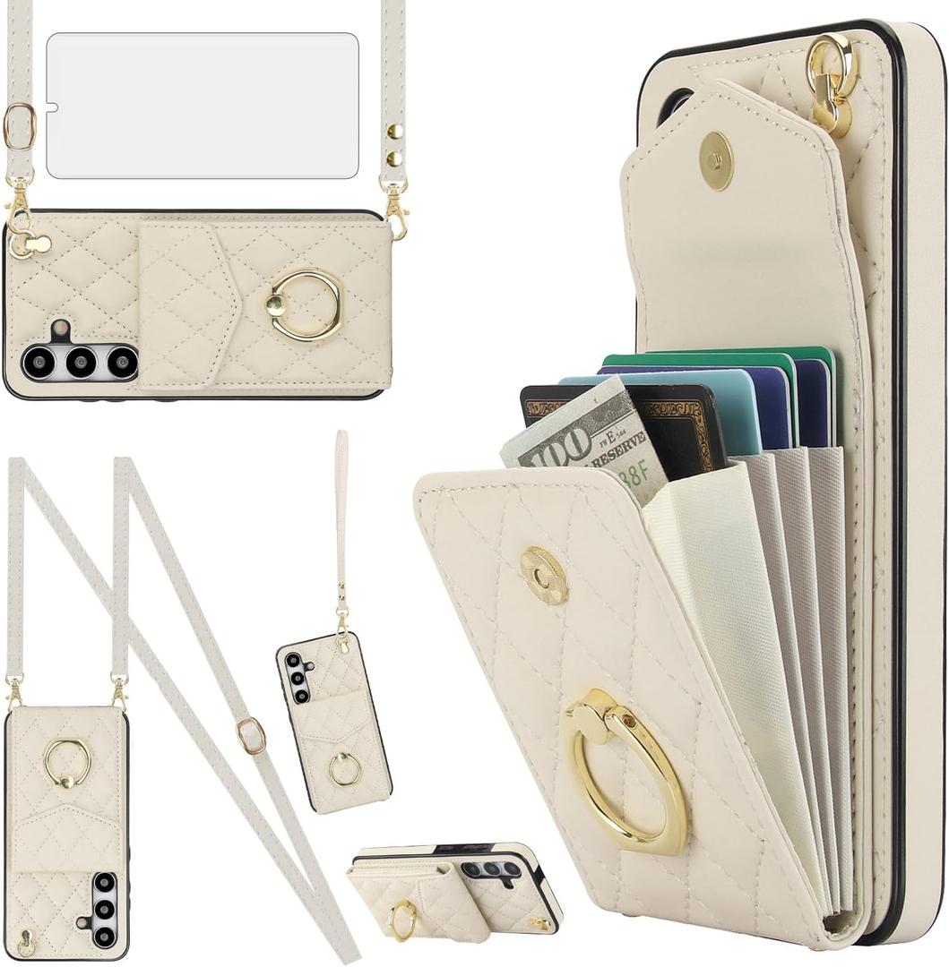 Asuwish Phone Case for Samsung Galaxy S24 5G Wallet Cover with Tempered Glass Screen Protector and Crossbody Wrist Strap Ring Stand RFID Blocking Card Holder Cell S 24 24S G5 Women Men Girls Off White