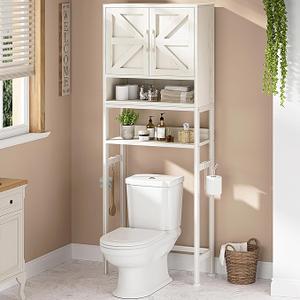 Over The Toilet Storage Cabinet - Bathroom Shelves Above Toilet Freestanding Organizer Shelf with Doors Narrow Floor Stand Rack Farmhouse Wood 71" Tall, Distressed White