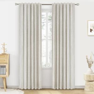 PANGSINNE Cream Linen 100% Blackout Curtains 84 Inches Long - 2 Panels Set Back Tab Drapes for Bedroom Thermal Insulated Black Out Room Darkening Window Curtain