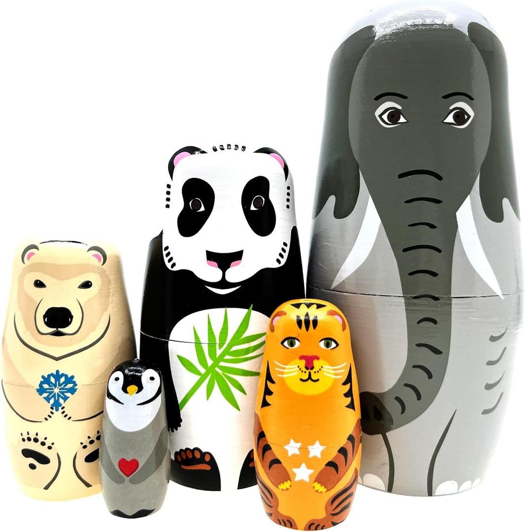 Elephant Panda Nesting Dolls - Cute Animal Matryoshka Doll Handmade Wooden Dolls for Children Christmas Birthday Decoration Halloween Wishing Gift,Set of 5