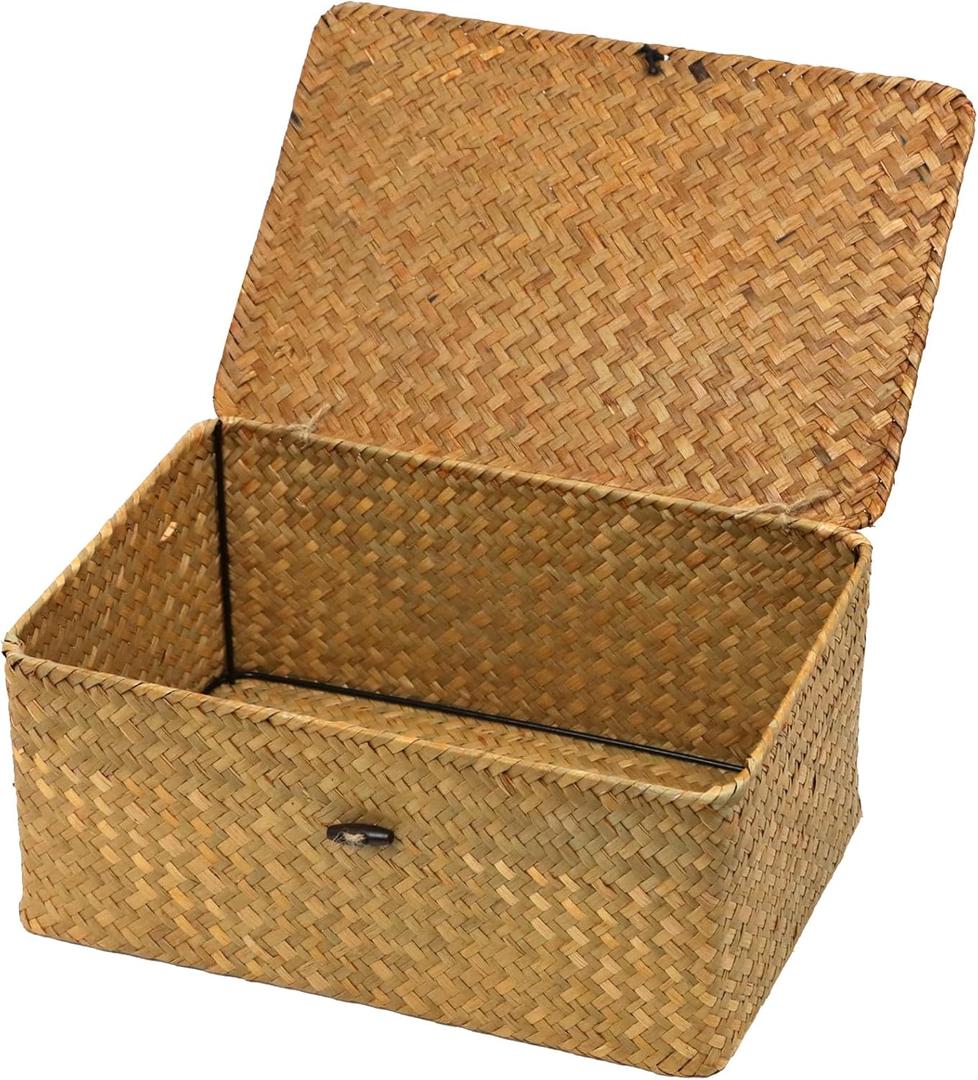 Wicker Storage Basket with Lid, Natural Seagrass Woven Shelf Basket for Storage, Rectangular Decorative Storage Bins Boxes Home Organizer Decor (Natural, Medium) (13" x 8.66" x 6.1")