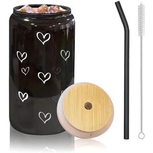 Jlmcreations Heart Patterned Cup With Bamboo Top + Glass Straw | 16oz Can Shaped Glass | Smoothie and Iced Coffee Cup