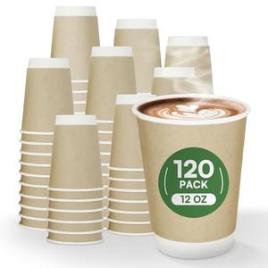 12 oz Coffee Cups Disposable Paper Cups, 120 Pack Compostable Double Wall Hot Cups, BPI Certified PLA Coated Paper Cups, Natural Kraft To-go Disposable Coffee Cups for Office Coffee Bar To Go Travel