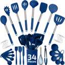 450F Heat Resistant Silicone Kitchen Utensils Set - 34 Pieces Blue Cooking Utensils-Set for Nonstick Cookware - Silicone Spatulas Set, Stainless Steel Handle & Other Kitchen accessories