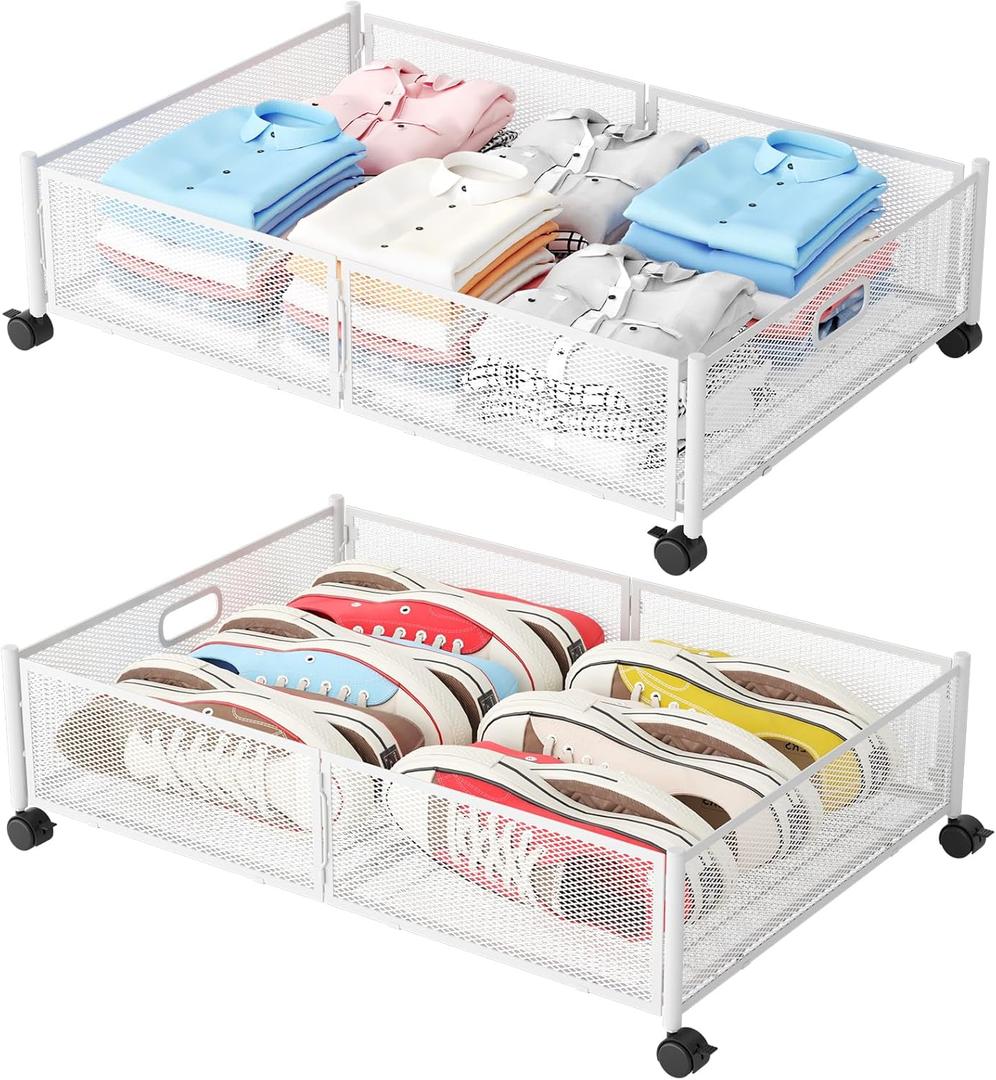 Under Bed Storage with Wheels, Foldable Metal Mesh Underbed Storage Container Bins, Tool-free Assembly Clothes Drawer Organizer, 2Pack (White)