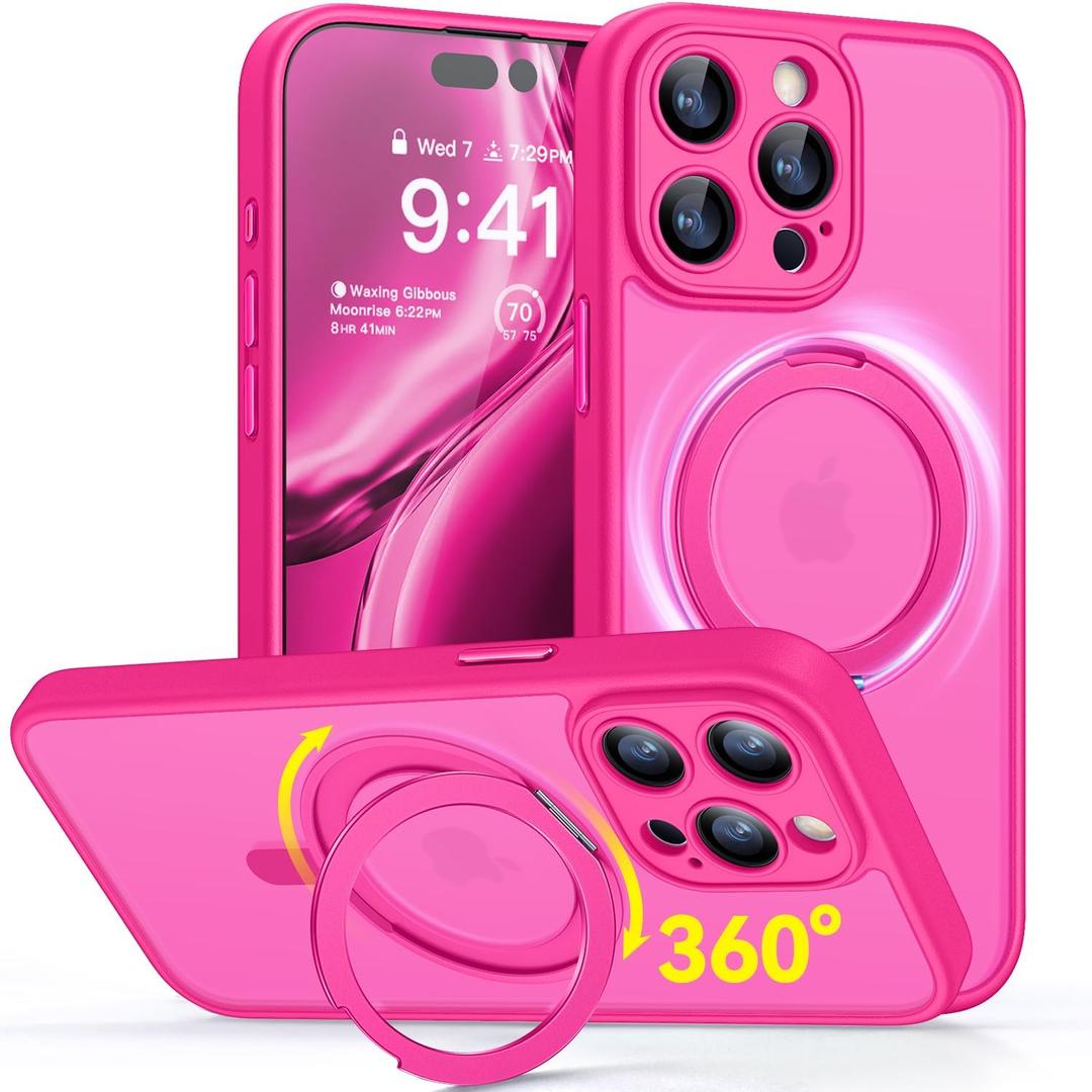 CANSHN 360 Spin Magnetic Stand for iPhone 15 Pro Max Case [Full Camera Protection] [Compatible with Magsafe] [Translucent Matte] Shockproof Protective Kickstand Phone Cover 6.7" - Hot Pink