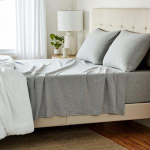 Amazon Basics 4 Piece Bed Sheet Set, 100% Cotton Jersey, Includes Super Soft, Flat and Fitted Sheets, Pillowcase, Queen, Light Gray, Solid