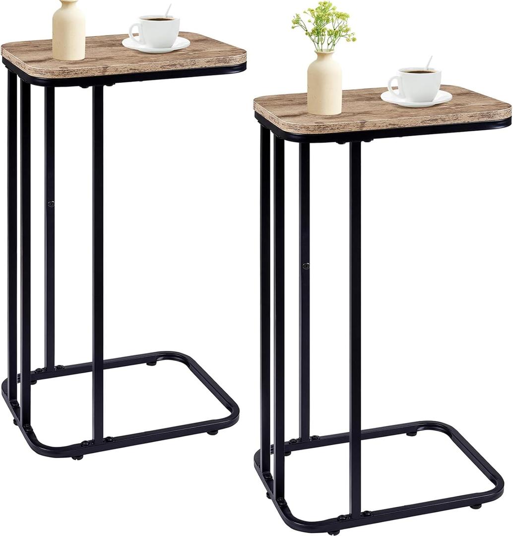 KJGKK C Shaped End Table Set of 2, Small Side Table for Sofa and Bed, Couch Tables That Slide Under, Tall Tv Tray Table for Living Room, Bedroom, Greige + Black