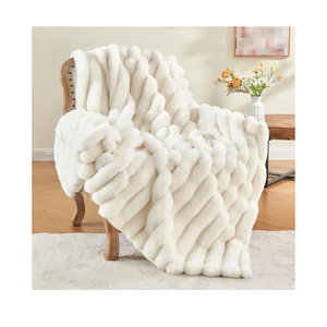 BEDELITE Faux Fur Throw Blanket for Couch, Soft and Cozy Luxurious 3D Striped Fluffy Blanket, 770GSM Thick Warm Plush Fuzzy Faux Rabbit Fur Blanket for Women Gift (Cream, 50"x 60")