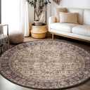 RYB HOME Washable Large Round Rug 8ft for Living Room, Washable Vintage Accent Distressed Faux Wool Ultra Soft Rug for Bedroom, Non Slip Stain Resistant Carpet for Guest Room Nursery, Brown