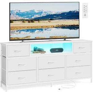 SONGMICS BELLAH Collection - Dresser for Bedroom with Outlets and LED Lights, TV Stand for TVs Up to 65 Inches, Chest of Drawers, 8 Drawers, Steel, Modern, Cloud White ULGS434WH02S, 13.8"D x 57.8"W x 26.8"H