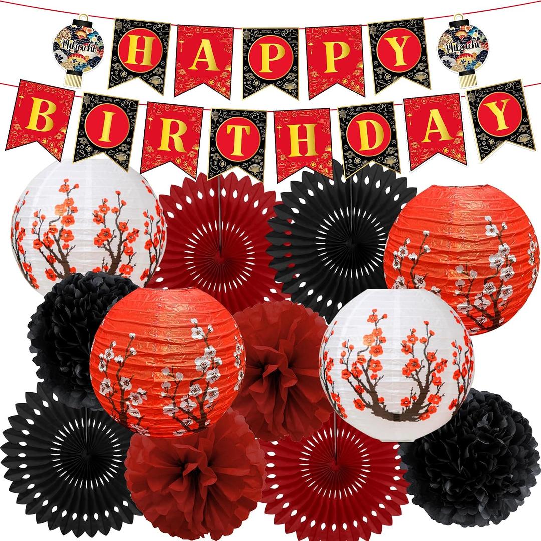 Hibachi Birthday Party Decorations - 14 Pcs Red Black Gold Cherries Blossom Banner Paper Fans Lanterns Honeycomb Balls Pom Poms Set, Japanese Style Happy Birthday Party Supplies for Men Women