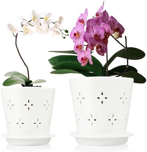 Suclain 1 Pcs 5 & 6 Inch Ceramic Orchid Pots with Holes Outdoor Indoor Orchid Planter Pot with Drainage Hole and Saucer Flower Pot Set for Repotting Promote Airflow Deter Over Watering (White) Suclain 1 Pcs 5 & 6 Inch Ceramic Orchid Pots with Holes Outdoor Indoor Orchid Planter Pot with Drainage Hole and Saucer Flower Pot Set for Repotting Promote Airflow Deter Over Watering (White)
