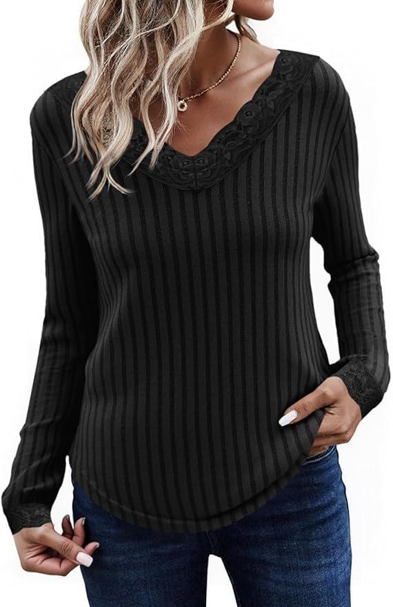 Tankaneo Womens Lace V Neck Tunic Tops Long Sleeve Ribbed Knit Shirts Fall Casual Basic Tees, M