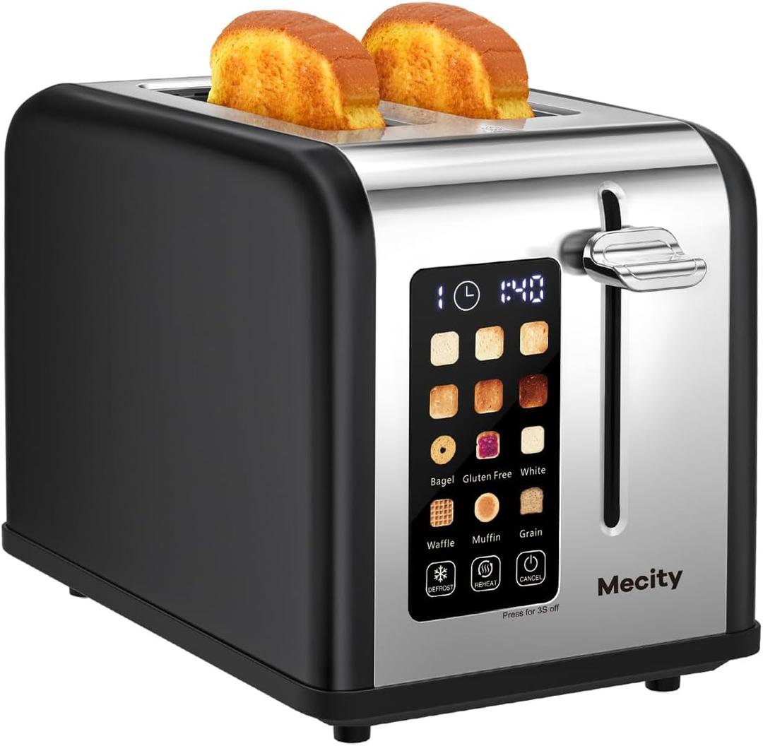 Mecity 2 Slice Touch Screen Toaster, 1.5" Wide Slot, Stainless Steel Smart Toaster for Bagels, Muffins, Waffles, Gluten-Free Breads, Defrost, Reheat, Timer, 825W, Matt Black  