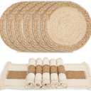 Zology Handmade Boho Placemats Set of 6 - Natural Cotton Burlap and Water Straw Woven Combination Table Mats, Macrame Décor and Farmhouse Style Placemats, for Dining Table Kitchen, 36*36