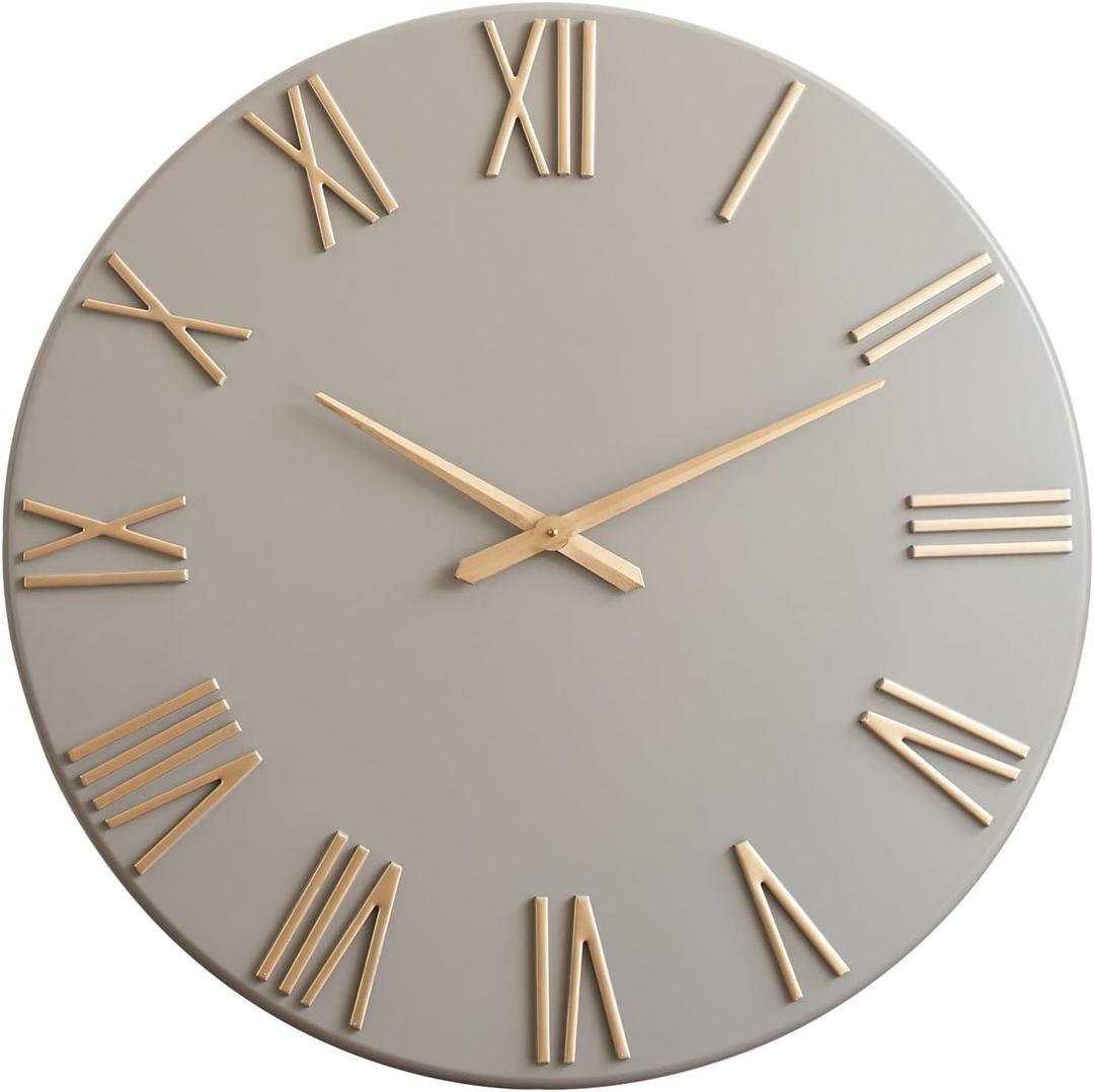 Oversized Modern Wall Clock - 30 inch, Contemporary Simple, Cement Gray, Gold Roman Numerals, Metal Face, Battery Operated, Minimalist Decorative Wall Clock for Living Room, Entryway, Kitchen, Office