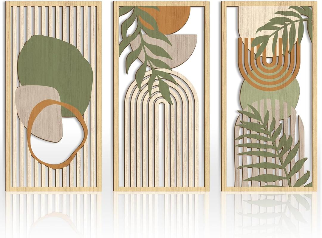 IARTTOP Large Sage Green Abstract Boho Wall Art Set Of 3 Geometric Wood Wall Art Mid Century Modern Artwork Neutral Bohemian Wall Decor for Living Room Bedroom Office-16 x 32 Inch