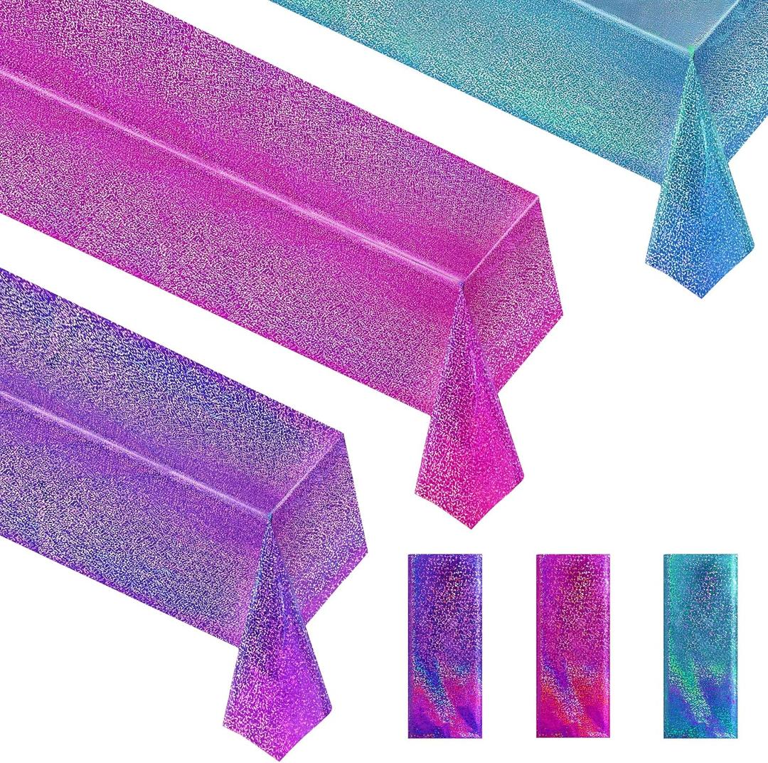 Purple & Blue & Fuchsia Red Holographic Tablecloth 40" x 108" Party Decoration Valentine's Day Birthday Party Table Decor Iridescence Plastic Table Cloth for Halloween Bachelorette Supplies