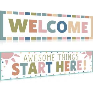 Boho Welcome Classroom Decorations Colorful Rainbow Awesome Things Start Here Bulletin Board Decor Pastel Welcome Banner Poster for Pre Elementary Middle School Wall Signs Supplies Teachers Kids, 39 x 11.8 inches
